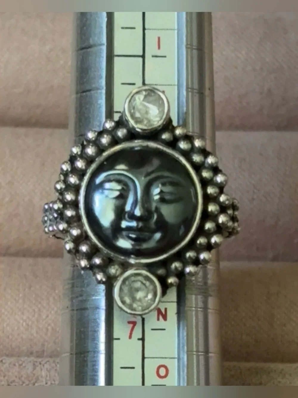 Vintage Signed Sajen Sterling Silver Hematite Moon Face Ring - Size 6
